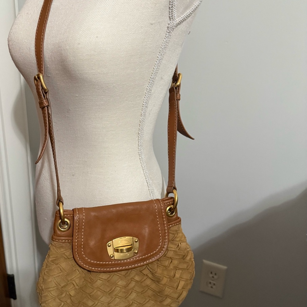Miu Miu Tan Woven Leather Crossbody Bag